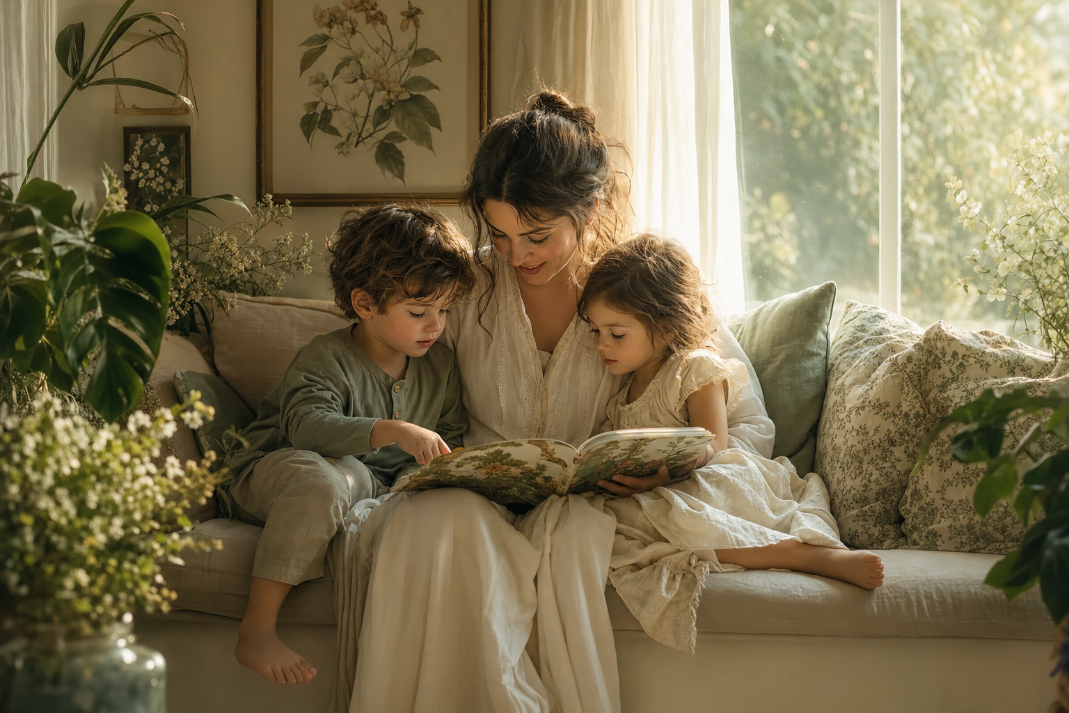 A mother reading a picture book with her two young children in warm afternoon light