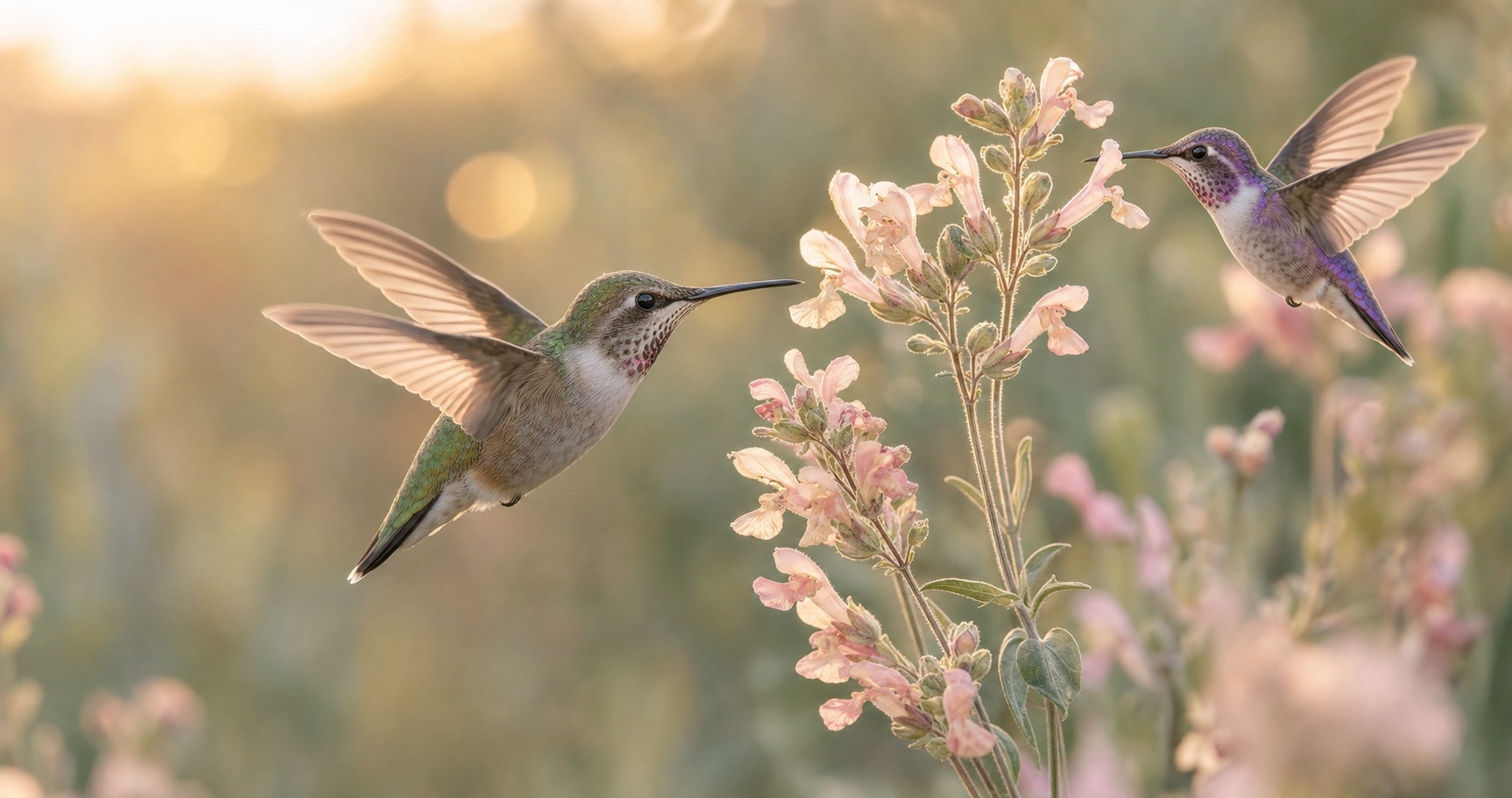 Bella and Connor, two hummingbirds hovering beside soft pink wildflowers in golden light